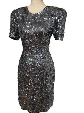 Alfred Angelo Hand Beaded Silver Sequin Mini Dress
